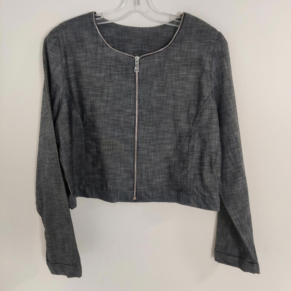 Women's Linen Blend Denim Look Cropped Blazer Jacket